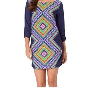 ANNE COLE Desert Diamonds Blue Boat Neck Side Shirred Cover Up Size 20